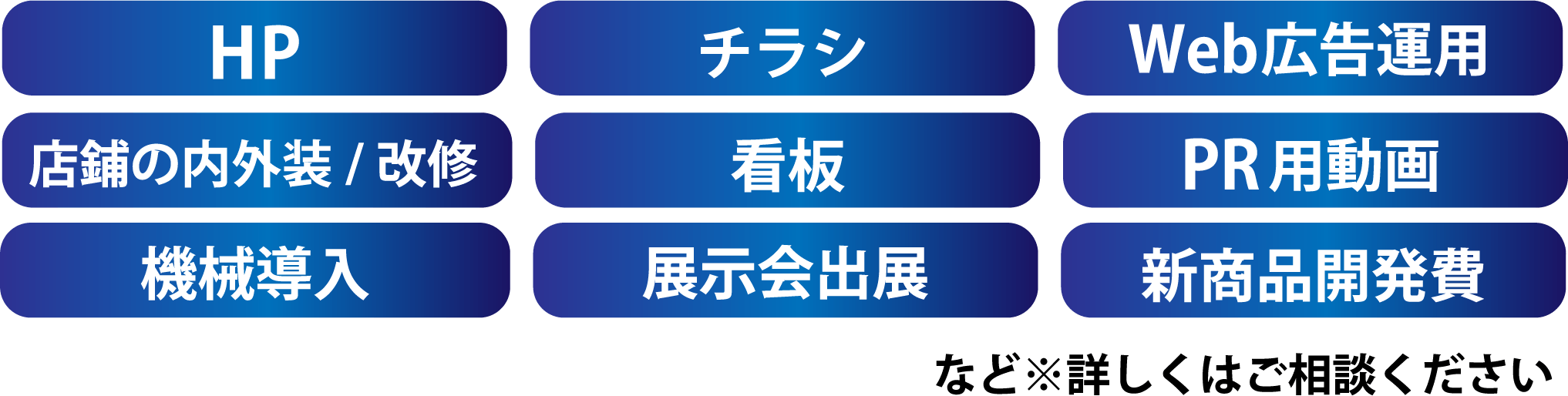 HP,チラシ,web広告運用,改修,看板,PR用動画,機会導入,展示会出展,新商品開発費など※詳しくはご相談ください