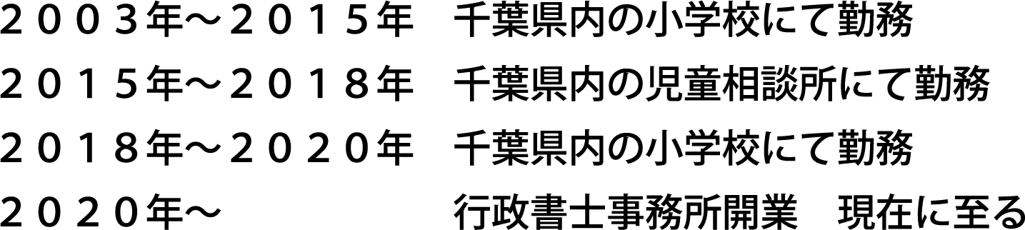 ２００３年～２０１５年 千葉県内の小学校にて勤務 ２０１５年～２０１８年 千葉県内の児童相談所にて勤務 ２０１８年～２０２０年 千葉県内の小学校にて勤務２０２０年～ 行政書士事務所開業 現在に至る