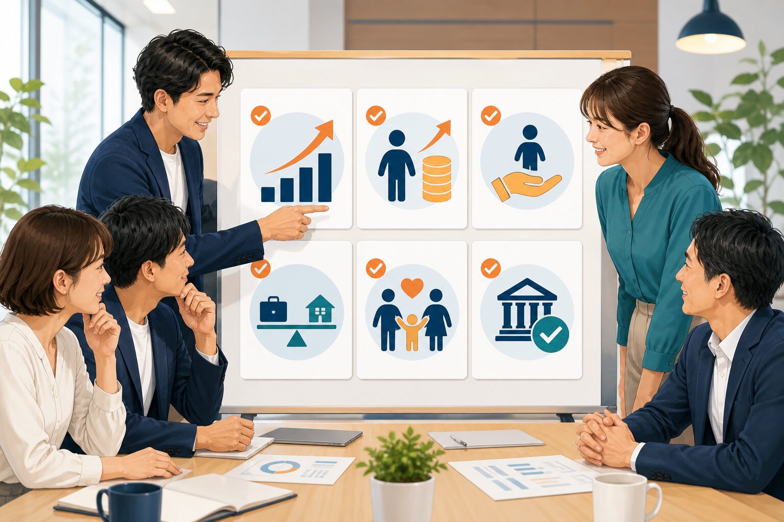 付加価値、賃上げ、最低賃金、ワークライフバランス、子育て支援、金融機関確認という6つの基本要件を確認するイメージ