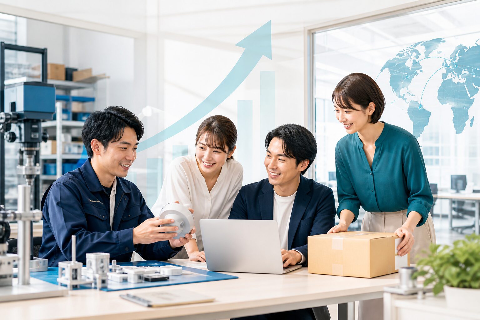 中小企業が新製品開発・新市場進出・海外展開によって成長するイメージ